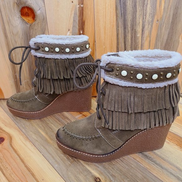 Sam Edelman Kemper Fringe Wedge Suede Booties - Picture 4 of 7